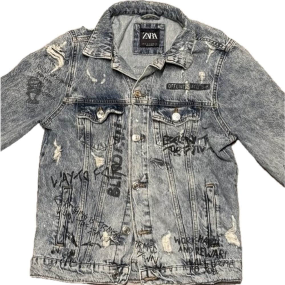 ZARA Men’s Distressed Graffiti Denim Jacket Light Wash Streetwear Size Small
